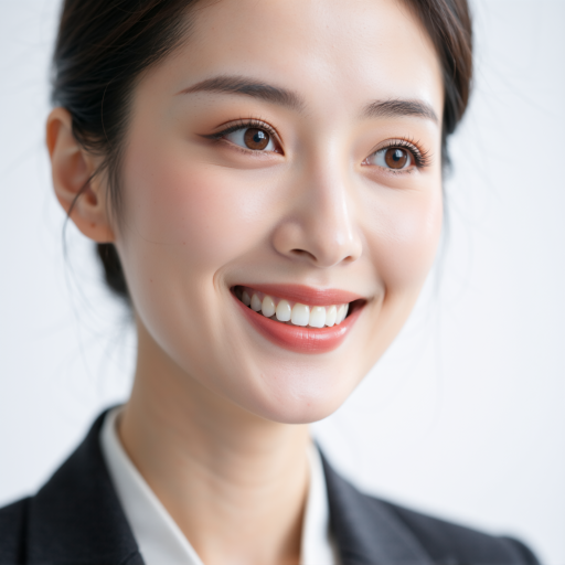 三十五岁左右女性头像，穿白色衬衫，黑色外套，蓝色背景，正面微笑表情，专业技术人员形象，明亮自然光